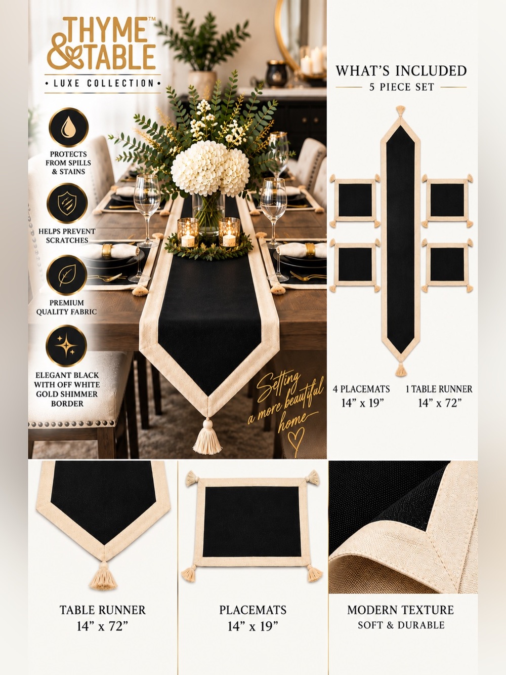 Luxe Dining -Black & Off-white Gold Shimmer Tablerunner & Placemats 5-piece Set